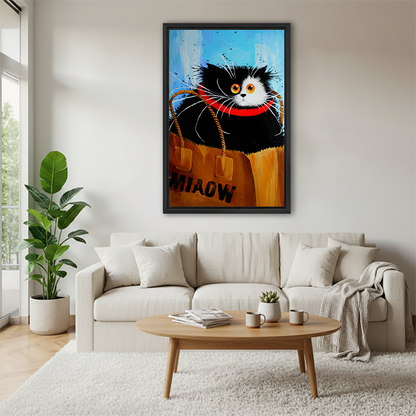 Black and white cat with orange eyes and red collar sitting inside MIAOW kraft paper shopping bag funny oil painting style framed wall art hung on white wall above cream sofa with round wooden coffee table succulent and grey throw blanket