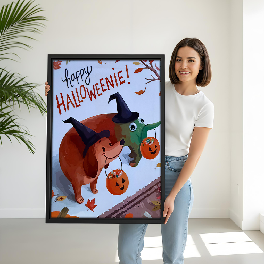 Woman holding black-framed Halloween dachshund canvas wall art showing two costumed dogs carrying orange pumpkin candy buckets.