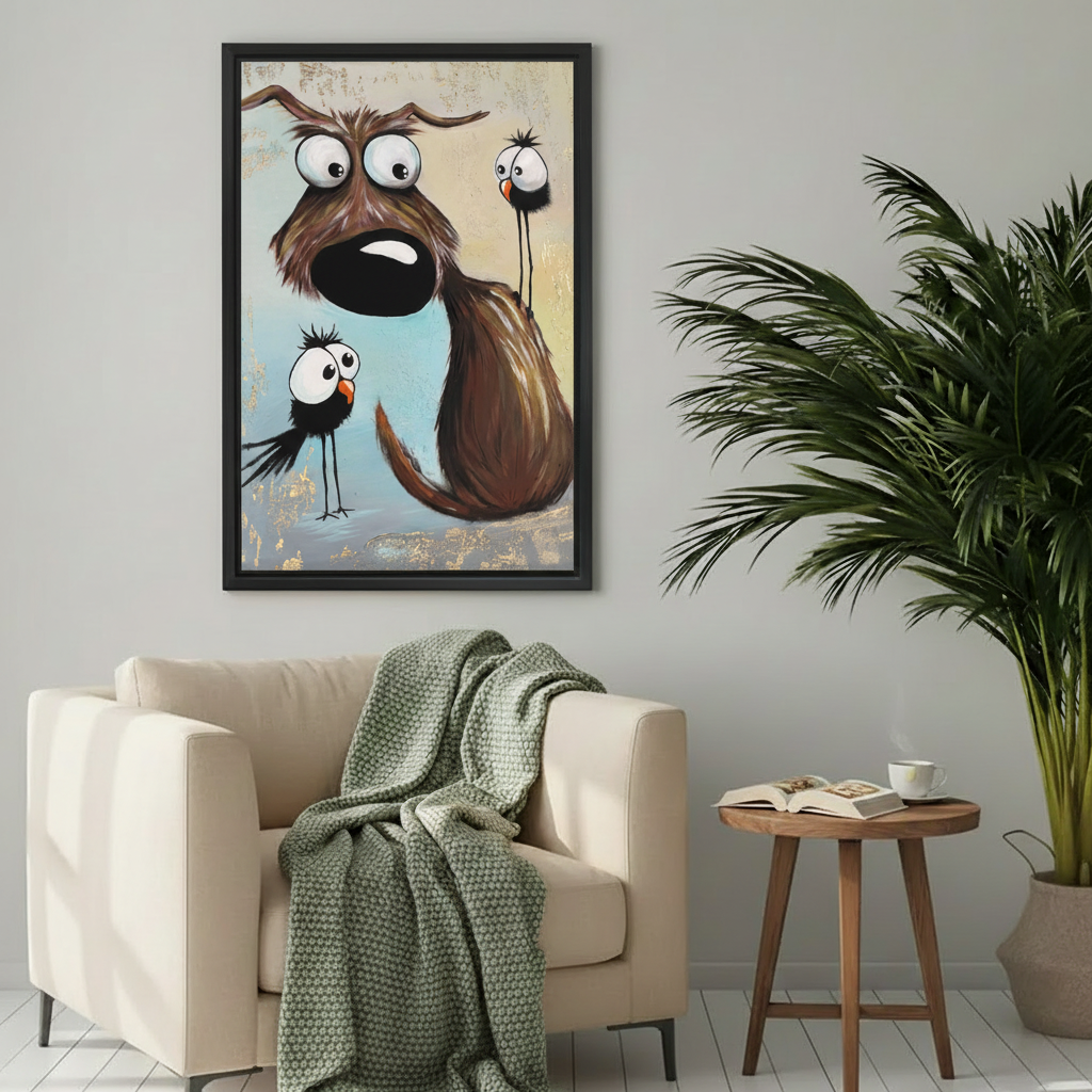 Funny Dog & Birds Whimsical Canvas Wall Art l2021