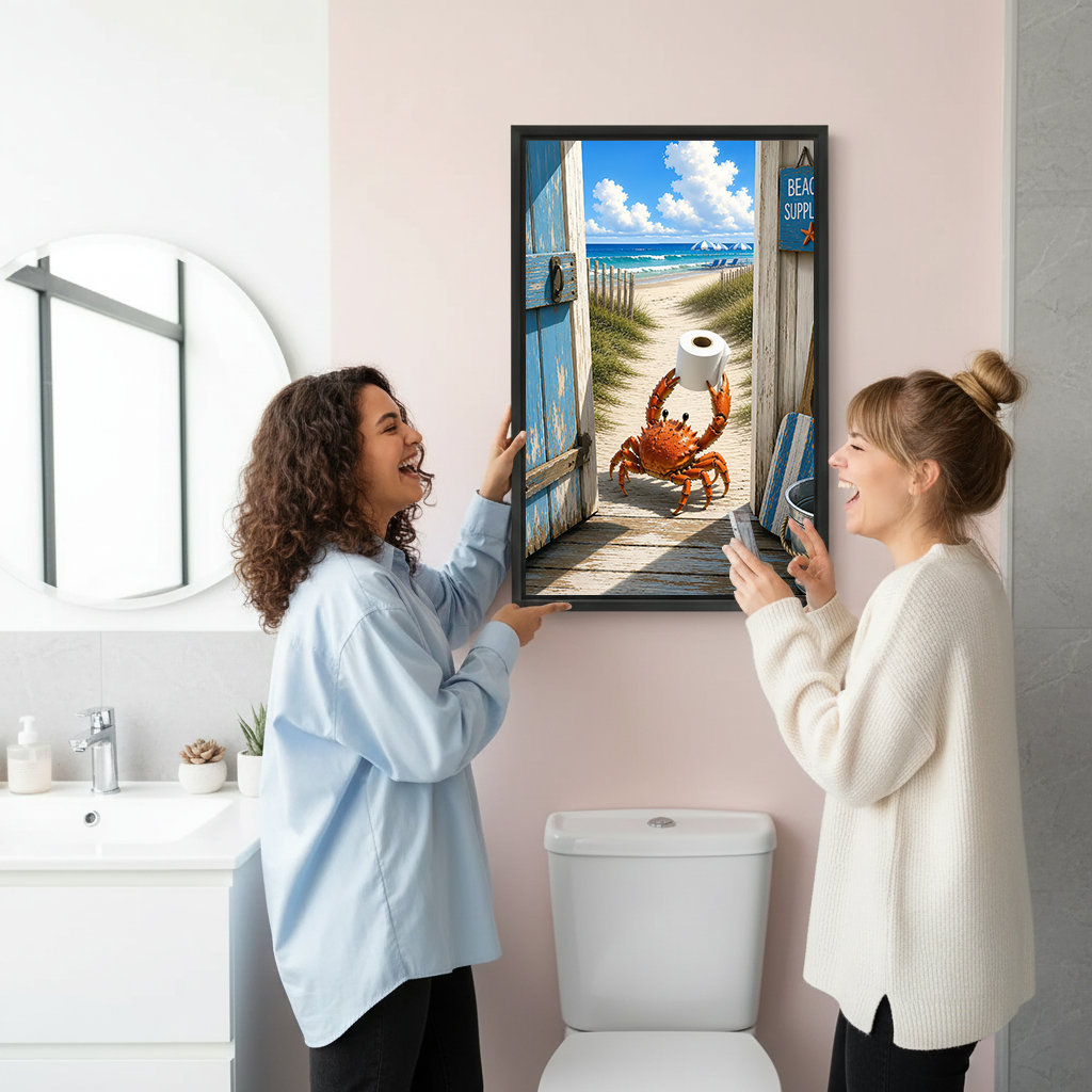 Gallery-wrap beach crab canvas wall art with a sunny ocean doorway scene above a toilet against gray marble walls.