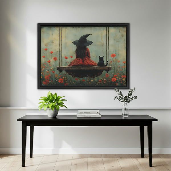 Witch Girl Black Cat Vintage Poppy Wall Art Print l2914