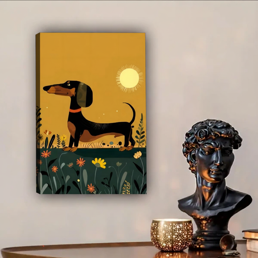 Retro dachshund framed wall art hanging beside classical bust sculpture on wooden shelf
