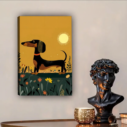 Retro dachshund framed wall art hanging beside classical bust sculpture on wooden shelf