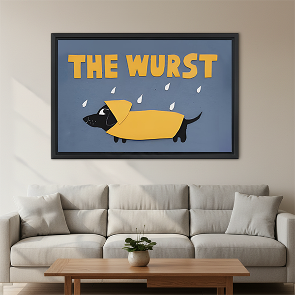 The Wurst dachshund canvas wall art in black frame above beige sofa in contemporary living room