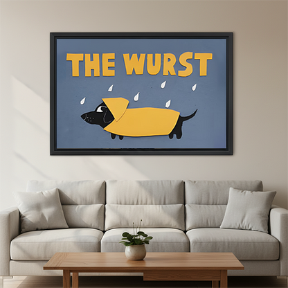 The Wurst dachshund canvas wall art in black frame above beige sofa in contemporary living room