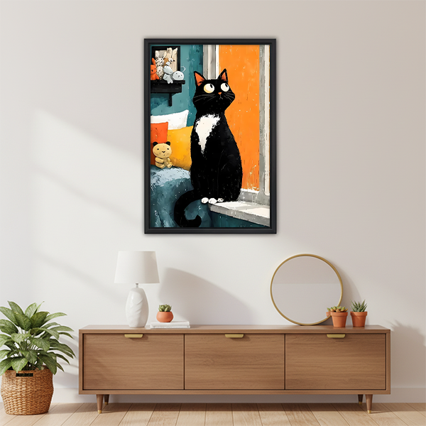 Funny tuxedo cat wall art, oil painting style illustration with orange teal background, cat lover gift