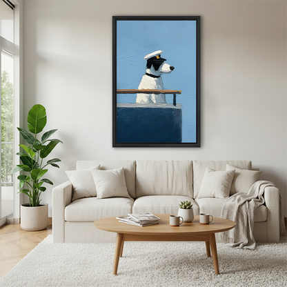Captain dog framed wall art print displayed above a white sofa in a coastal-style living room
