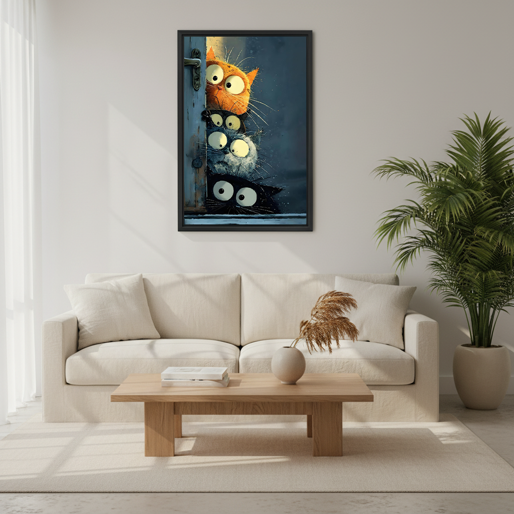 Four curious cats stacked vertically peeking around vintage distressed blue wooden door orange black grey white and black cats all with wide round eyes funny whimsical oil painting style framed wall art hung on white wall above cream sofa with round wooden coffee table beige ceramic vase pampas grass and large palm plant in minimalist living room