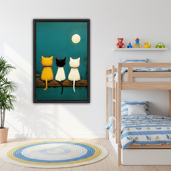 Three cats moon night teal framed wall art in kids bedroom nursery decor
