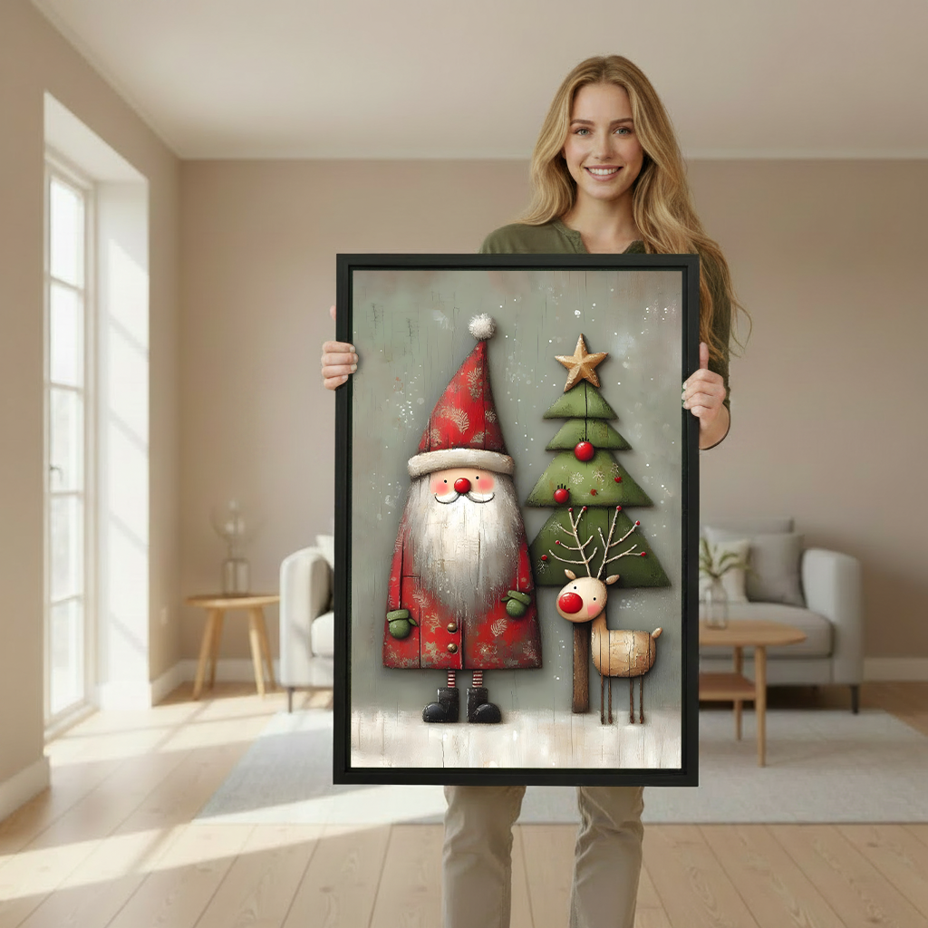 Framed Christmas Santa and reindeer canvas wall art above a navy sofa