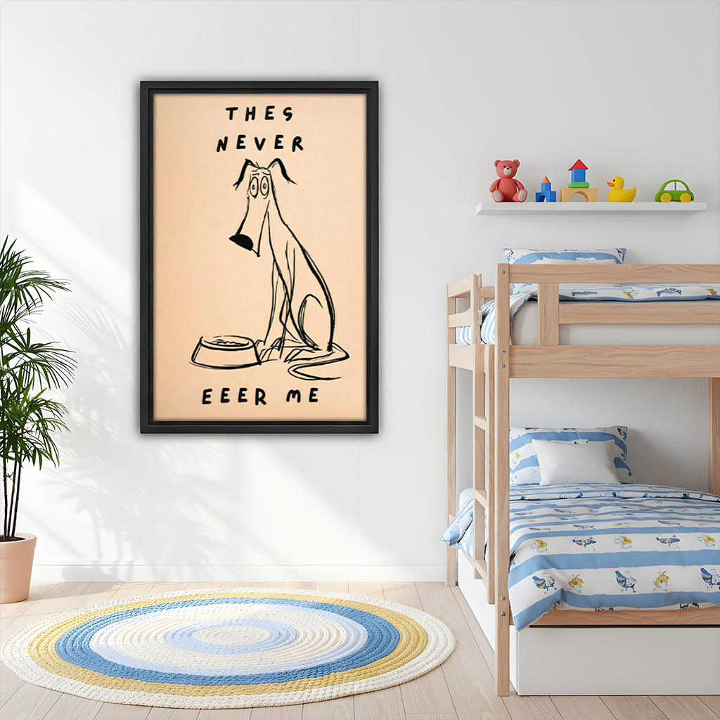 Funny sketch dog They Never Feed Me framed wall art in kids bedroom above bunk bed, playful pet decor