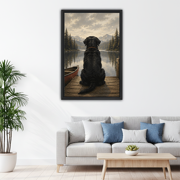 Black Labrador dog lake dock oil painting framed canvas art above living room sofa
