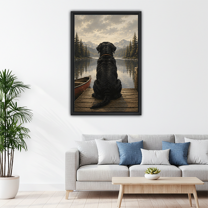 Black Labrador dog lake dock oil painting framed canvas art above living room sofa

