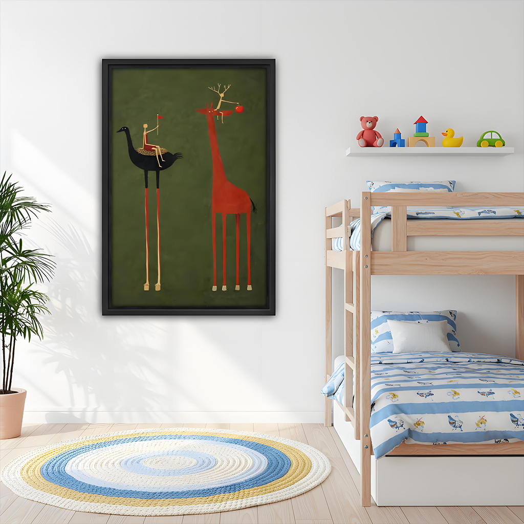 Whimsical giraffe and ostrich art print in kids bedroom – fun animal wall decor