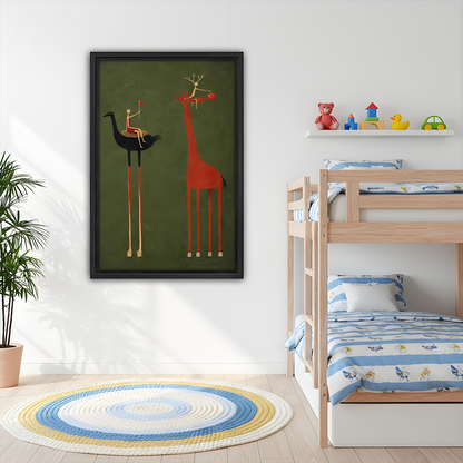 Whimsical giraffe and ostrich art print in kids bedroom – fun animal wall decor