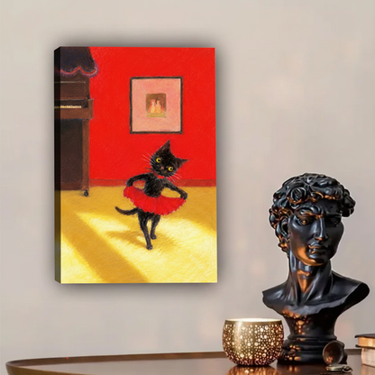 Black cat ballet oil painting framed canvas print above dark wood console
