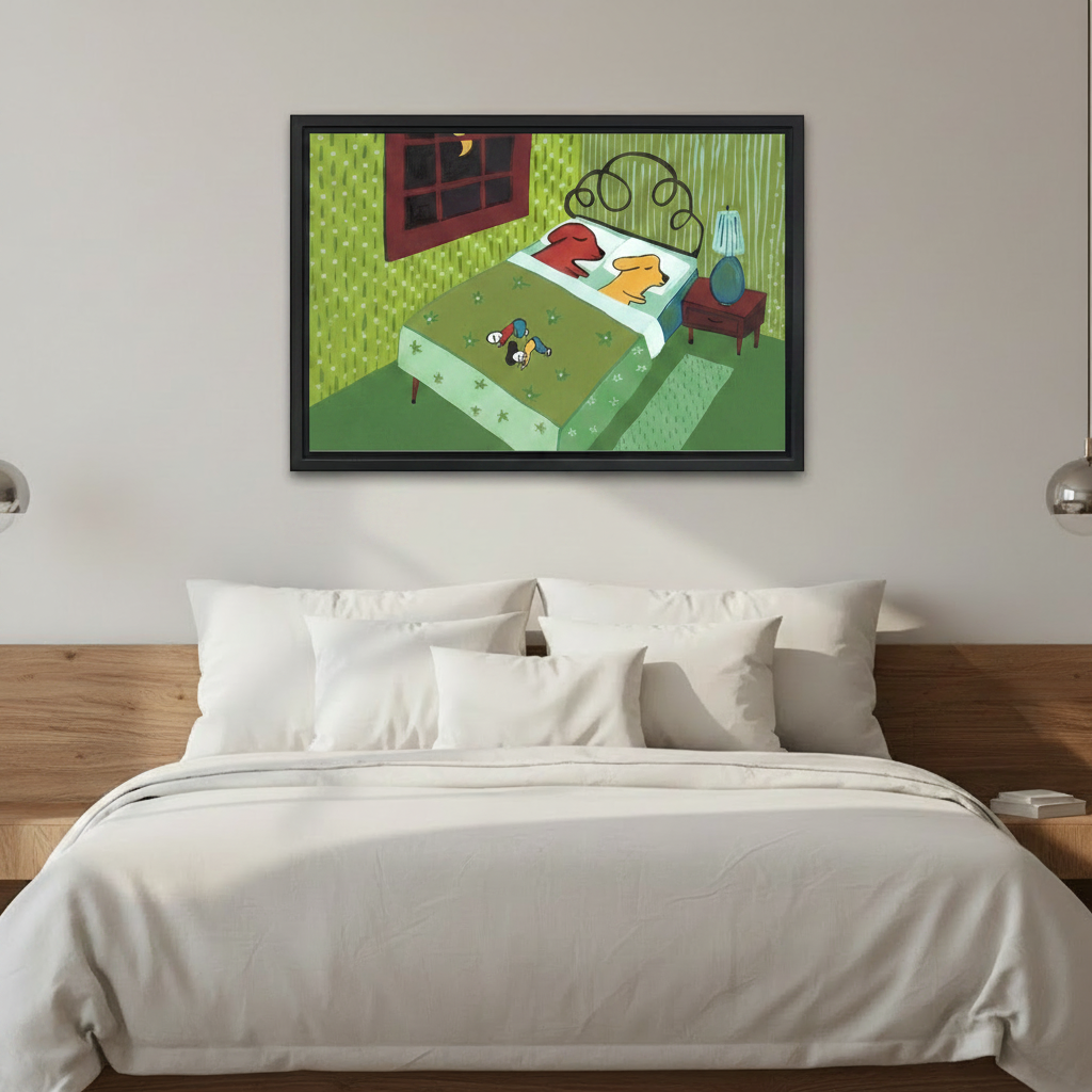 Funny whimsical dog wall art framed canvas, dogs stealing the bed illustration, black frame displayed above white linen bed with silver sconce lights in modern bedroom

