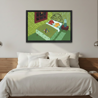 Funny whimsical dog wall art framed canvas, dogs stealing the bed illustration, black frame displayed above white linen bed with silver sconce lights in modern bedroom

