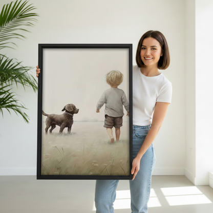 Woman holding large framed boy and dog misty field nostalgic canvas wall art print
