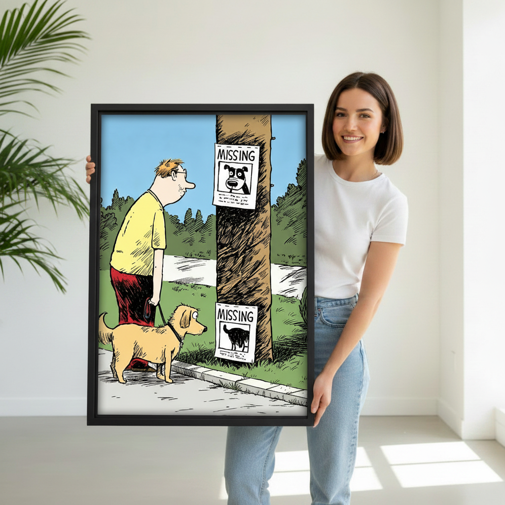 Woman holding large black framed funny dog walk missing poster wall art print, size reference lifestyle photo, humorous cartoon decor