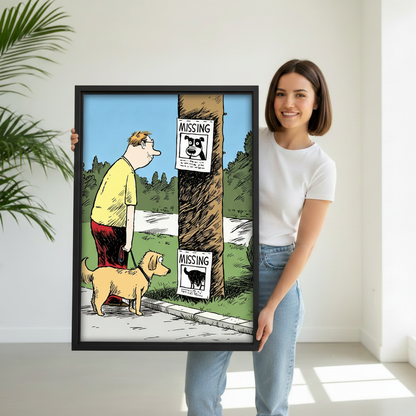 Woman holding large black framed funny dog walk missing poster wall art print, size reference lifestyle photo, humorous cartoon decor