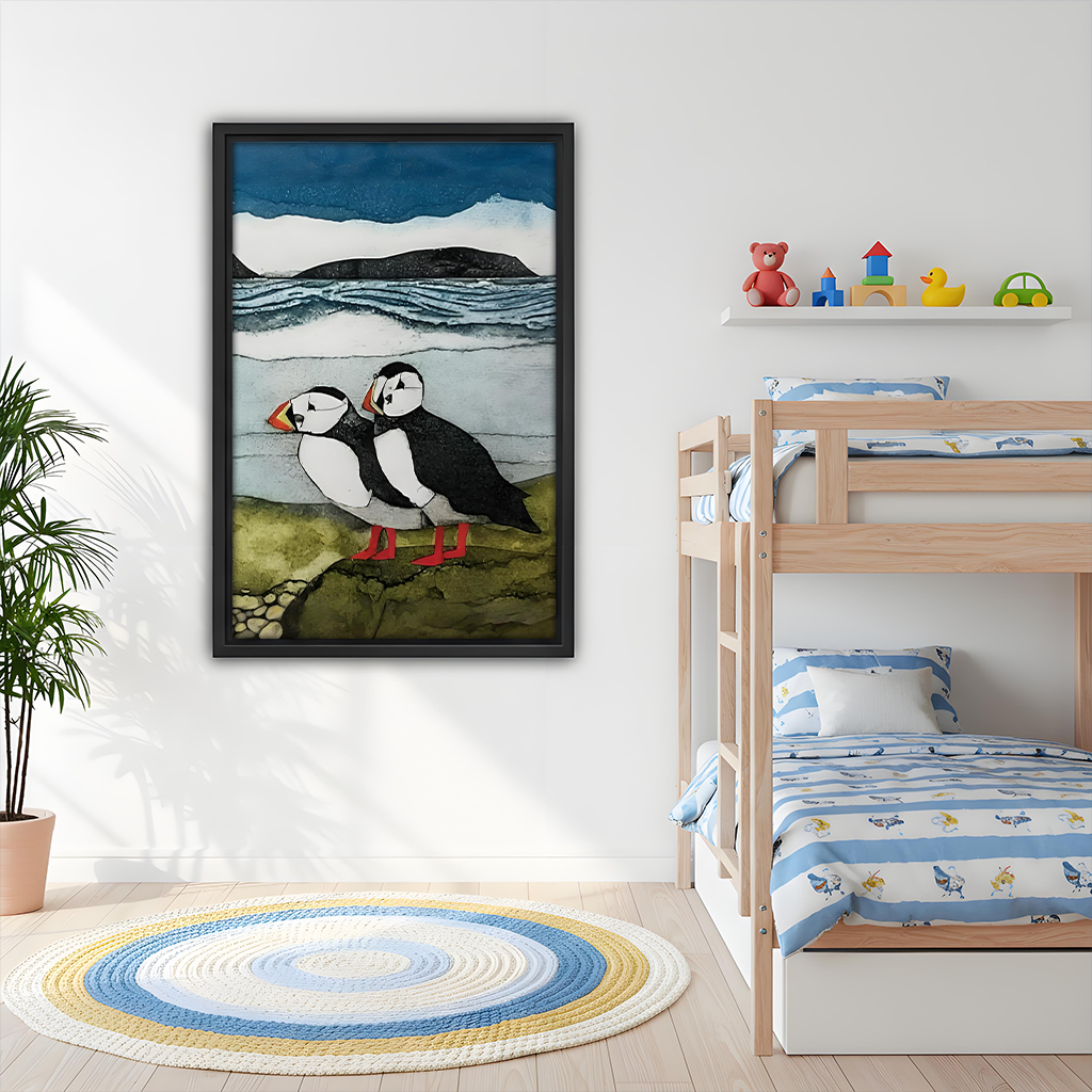 Puffin Pair Coastal Collage Framed Wall Art Print Kids Room Bedroom Decor