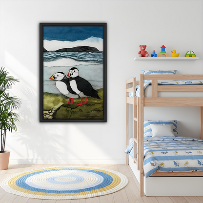 Puffin Pair Coastal Collage Framed Wall Art Print Kids Room Bedroom Decor
