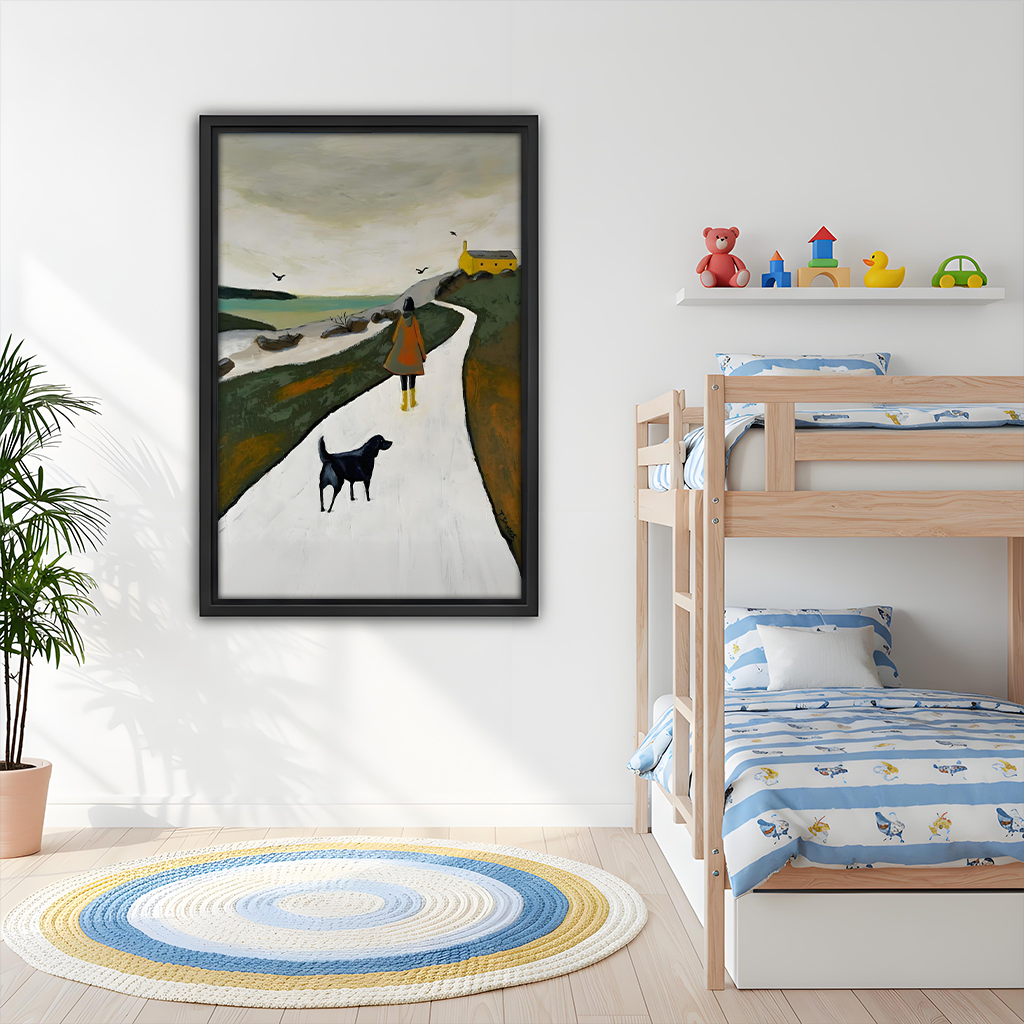 Nordic coastal walk woman and black dog framed canvas wall art above sofa, black frame, moody oil painting landscape, modern living room decor