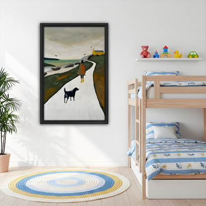 Nordic coastal walk woman and black dog framed canvas wall art above sofa, black frame, moody oil painting landscape, modern living room decor
