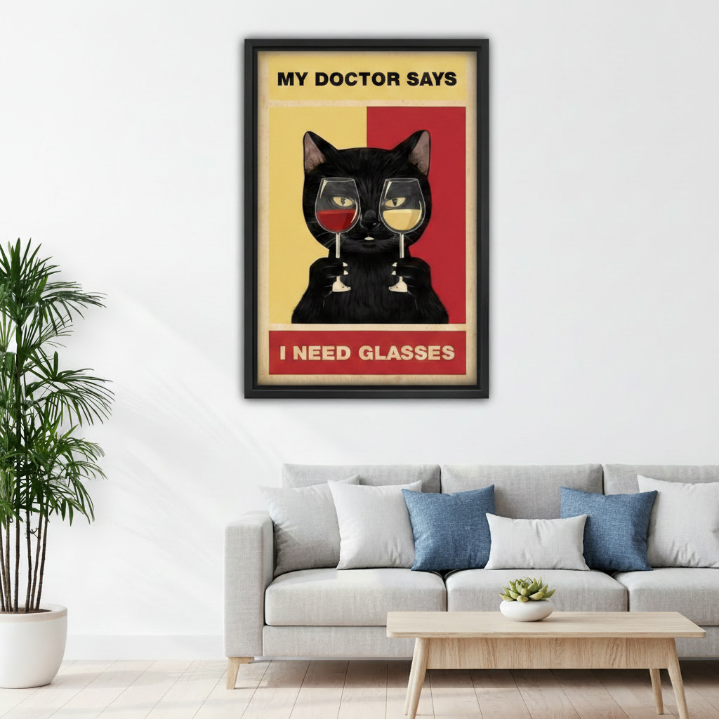 Funny cat framed canvas wall art above sofa, vintage black cat wine poster print for living room