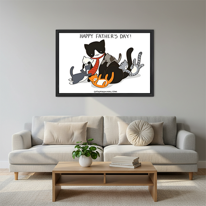 Happy Father's Day funny cat family framed wall art with cartoon dad cat in red tie and four kittens hung above grey sofa with round cushion and wooden coffee table