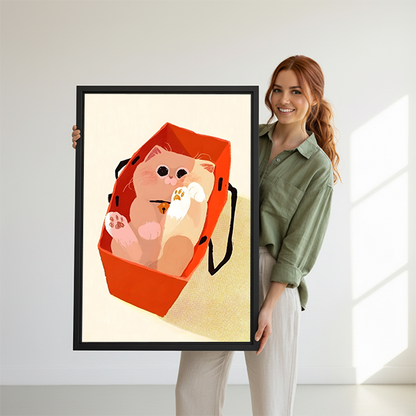 Smiling redhead woman in sage green shirt holding large chubby pink cat in red shopping bag flat illustration framed canvas print with cream background against white wall in bright minimalist space