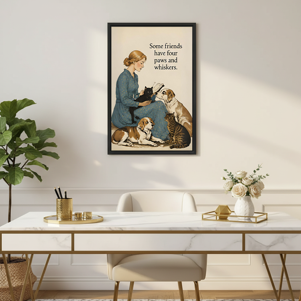 Woman in blue floral dress sitting on floor holding black cat surrounded by beagle dog tabby cat and golden retriever vintage watercolor illustration with four paws whiskers quote framed wall art hung on cream wall above white marble gold desk with pencil holder white rose vase and fiddle leaf fig in elegant home office
