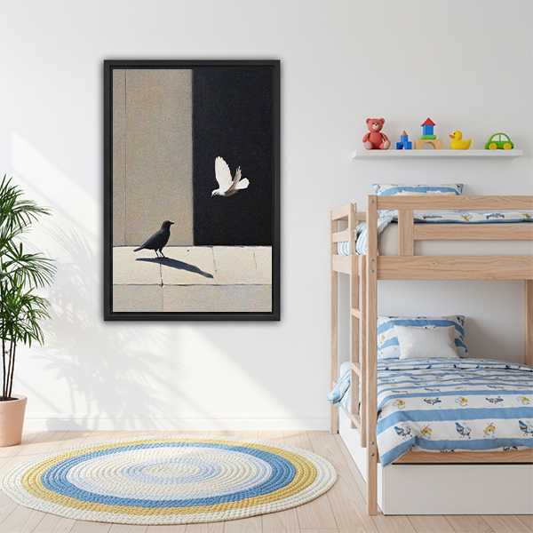 Black white bird minimalist framed wall art displayed in kids bedroom modern decor