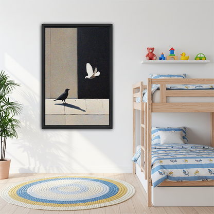 Black white bird minimalist framed wall art displayed in kids bedroom modern decor