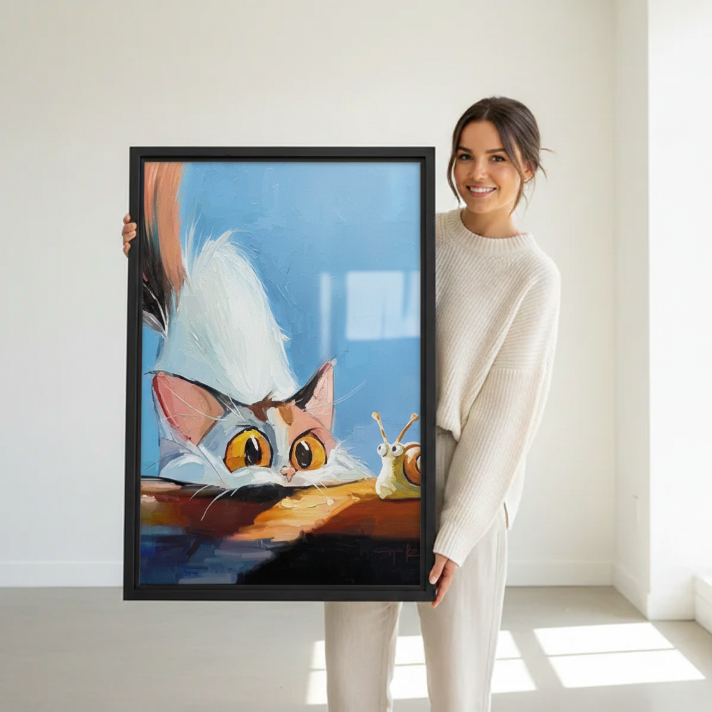Curious Cat Snail Oil Painting Framed Print Held by Woman – Size Reference for Funny Calico Cat Wall Art