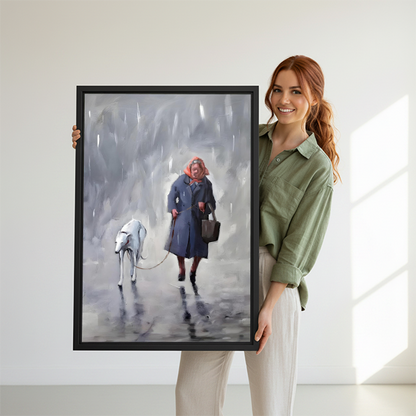 Woman holding a large framed rainy day woman and dog oil painting print, classic sentimental wall art perfect as a meaningful home gift