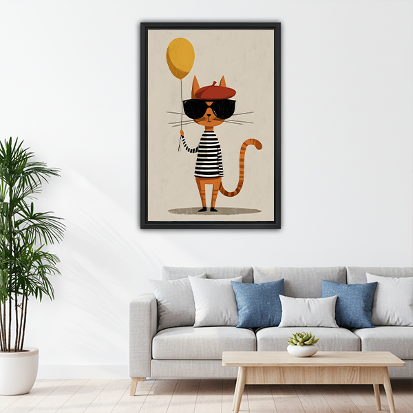 Cool cat in sunglasses red beret holding yellow balloon minimalist framed wall art in black frame above gray sofa with blue cushions and round wood coffee table
