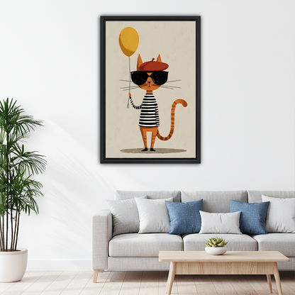 Cool cat in sunglasses red beret holding yellow balloon minimalist framed wall art in black frame above gray sofa with blue cushions and round wood coffee table