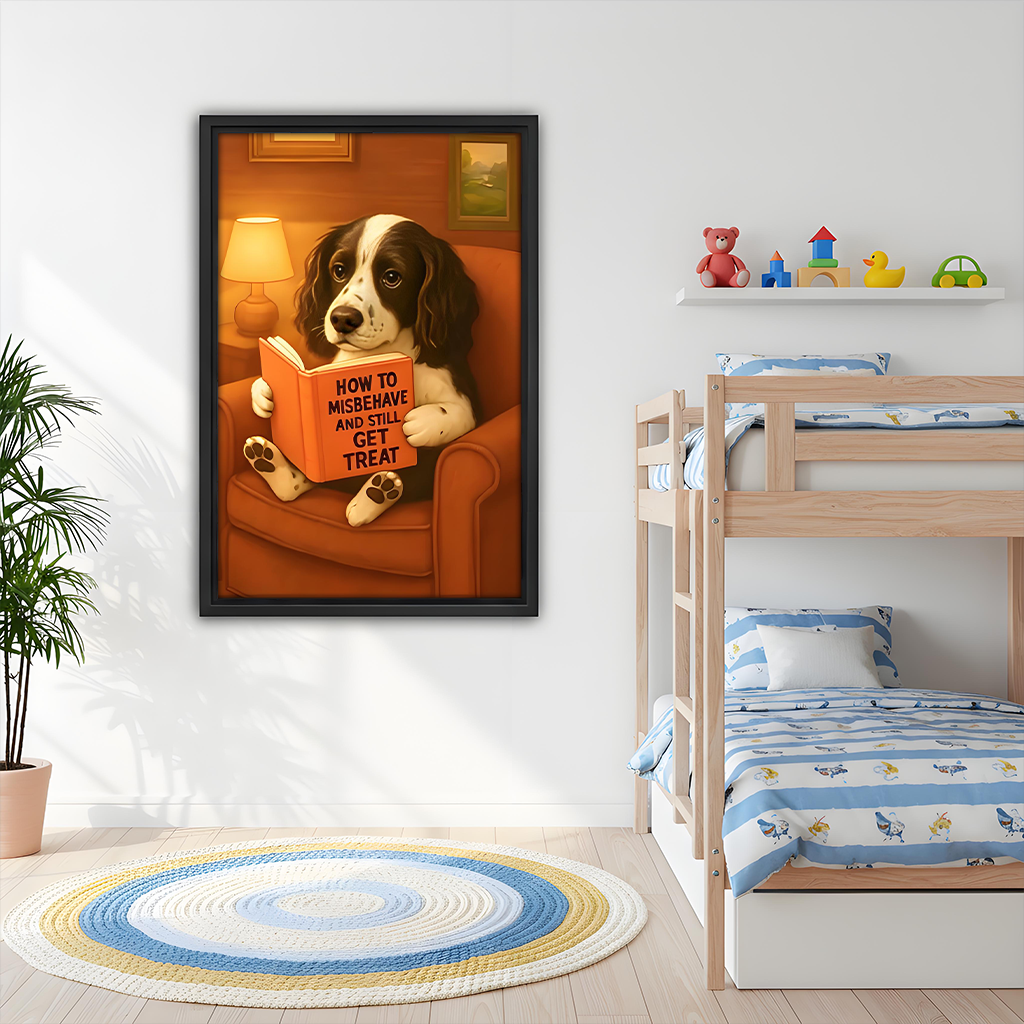 Funny dog reading vintage wall art print in black frame decorating bright kids bedroom with bunk bed and colorful rug