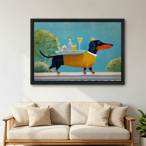 Dapper dachshund tea party framed wall art print above beige sofa in bright living room