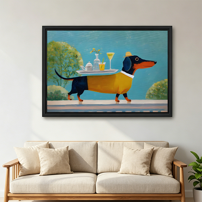Dapper dachshund tea party framed wall art print above beige sofa in bright living room