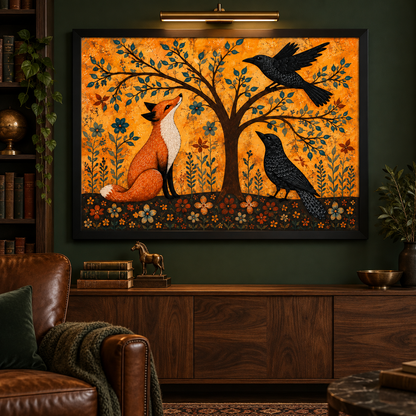 Folk Art Fox and Raven Canvas Wall Art Y666