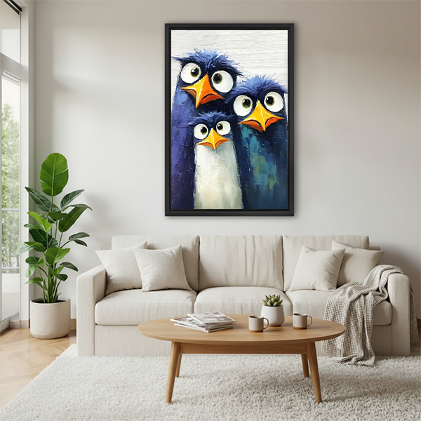 Cute Penguin Oil Painting Framed Wall Art Above Sofa Living Room Decor