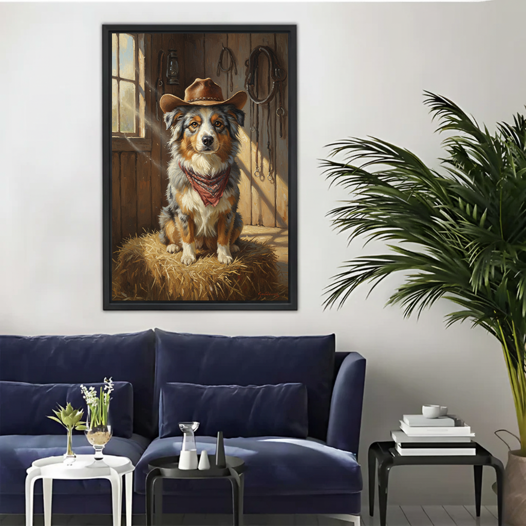 Cowboy Australian Shepherd Canvas Wall Art - Rustic Dog Print for Home Decor| Liberty Signs #L298