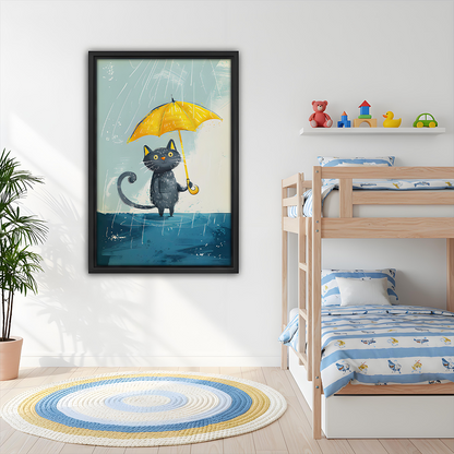 Cute black cat yellow umbrella rainy day framed wall art in kids bedroom, whimsical nursery decor