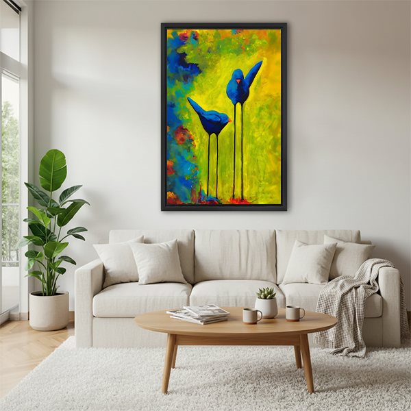 Two blue birds bold yellow green abstract framed canvas wall art above white sofa in modern living room