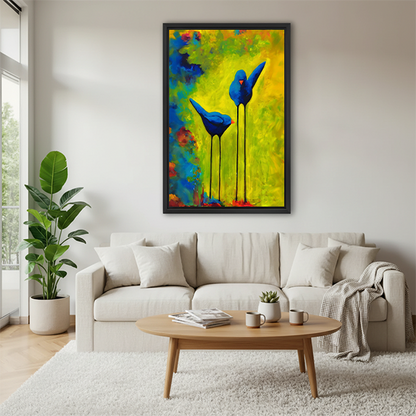 Two blue birds bold yellow green abstract framed canvas wall art above white sofa in modern living room