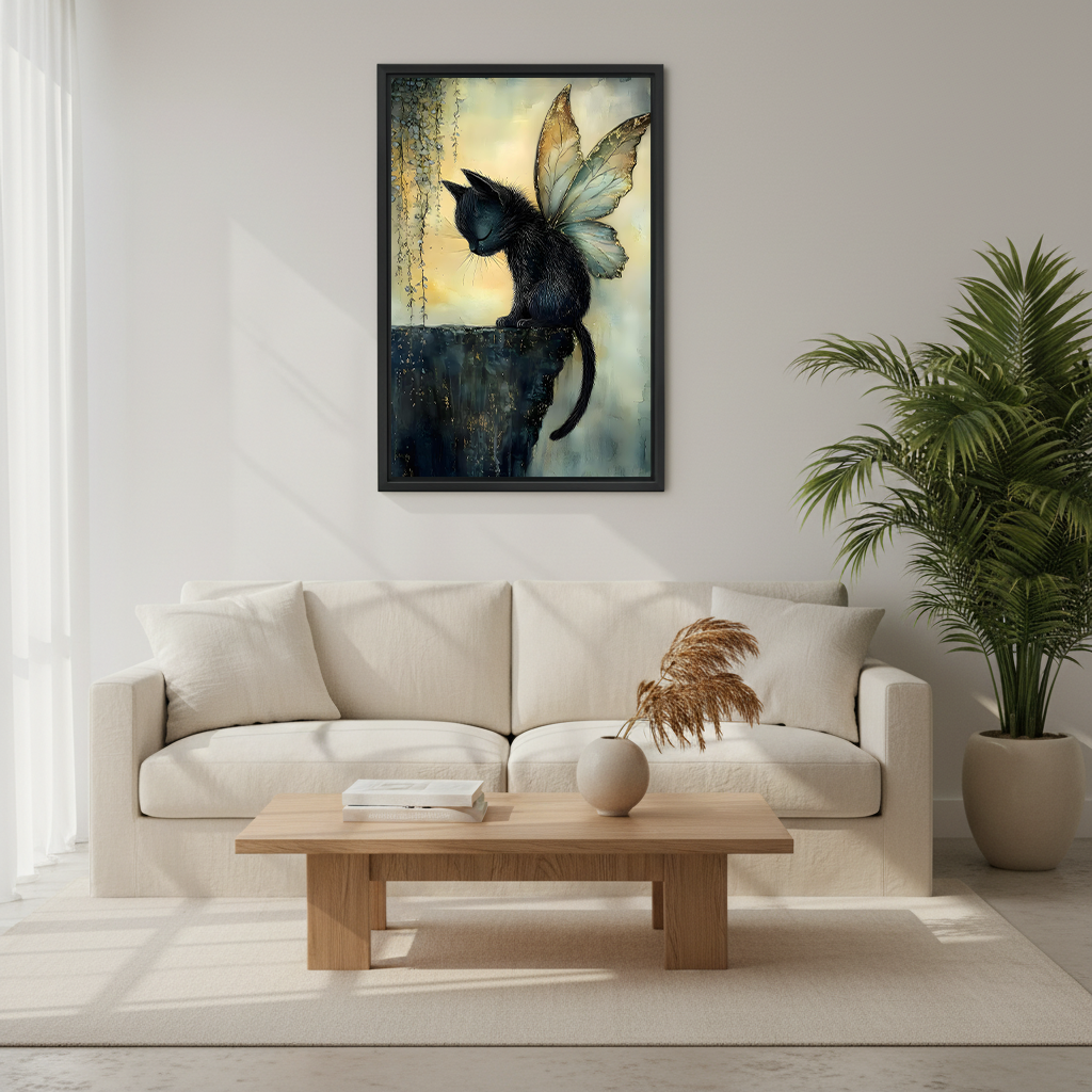 Fantasy black cat butterfly wings framed wall art above cream sofa in bright Scandinavian living room – whimsical watercolor illustration in golden teal with palm plant