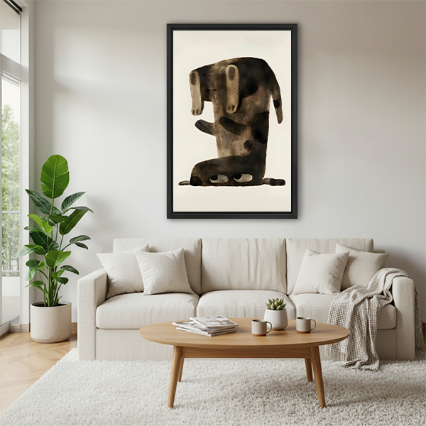 Dachshund abstract minimalist framed canvas wall art above cream sofa in bright modern living room with coffee table and plants